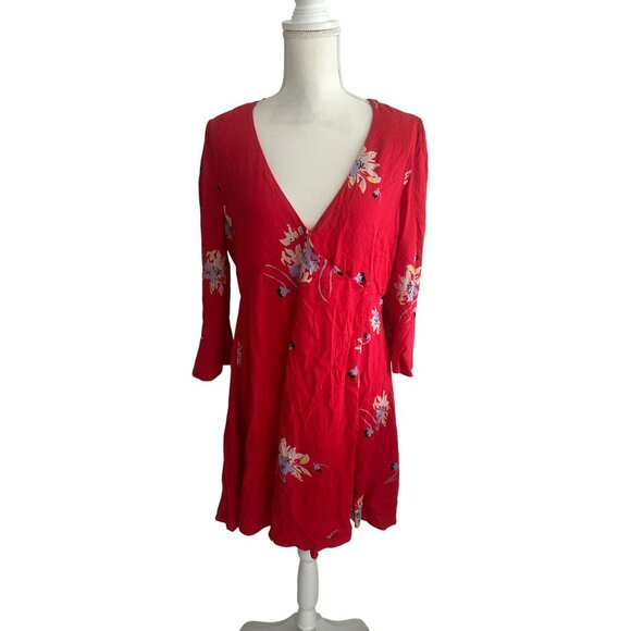 FREE PEOPLE Red Floral Button Detail Long Sleeve Dress Size Medium - Picture 6 of 8
